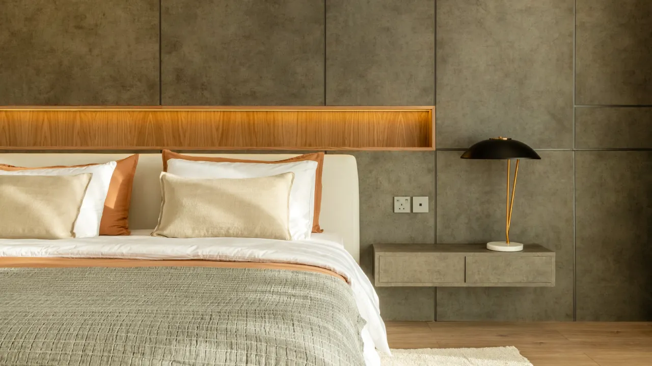 Jumeirah Islands home interior design with warm bedroom wall panels and soft bedding Bedroom interior design with warm wall panels and soft bedding
