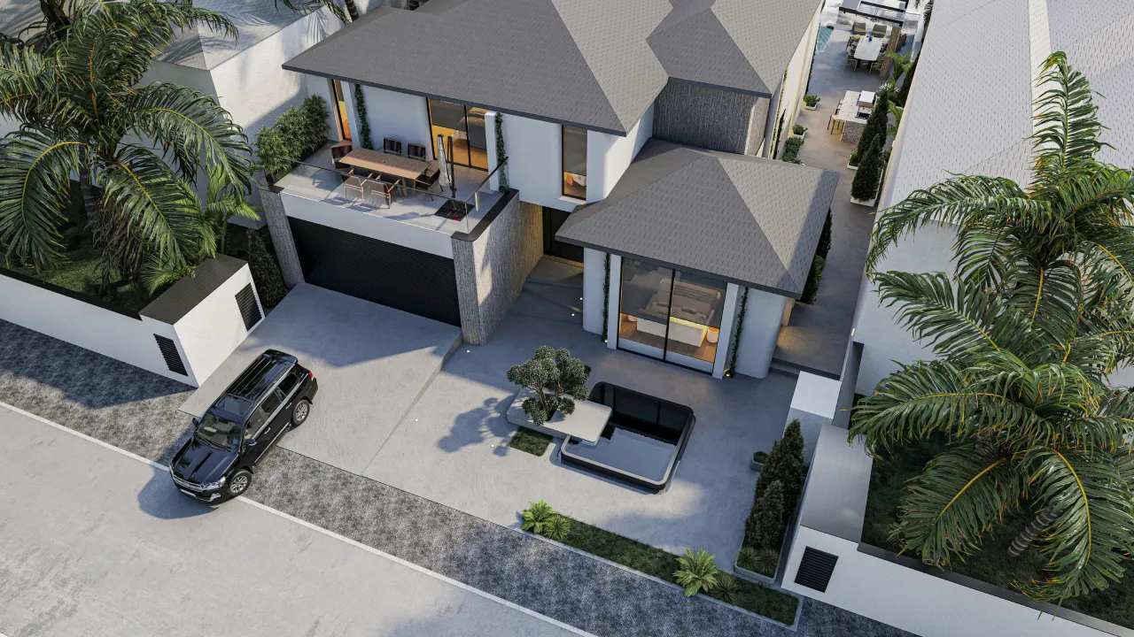 Villa exterior design for a 2 story house with bespoke facade style.